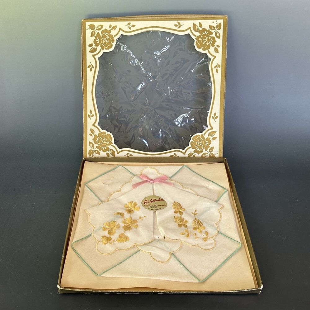 Vintage Ladies Handkerchief Set Embroidered Floral Hankies Boxed Switzerland